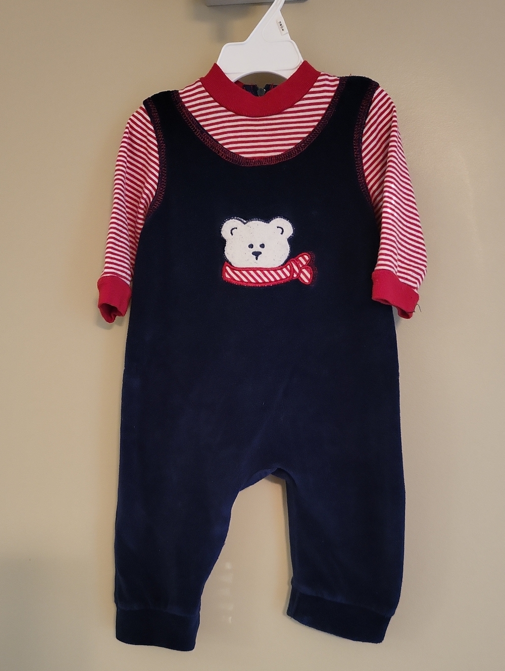 Vintage navy & red bear appliqué velour romper/footless footie